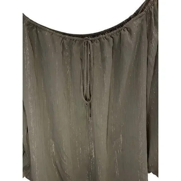 WAYF x BFF Sarah Silver Metallic & Black Off the Shoulder Top Sheer Long Sleeves - Picture 2 of 12